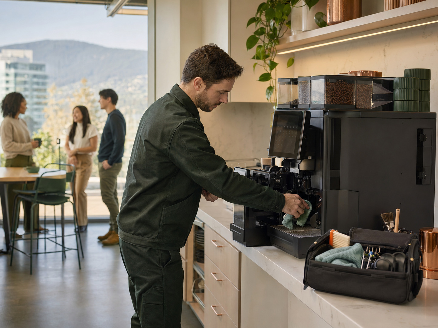 Local coffee service technician cleaning a workplace coffee machine